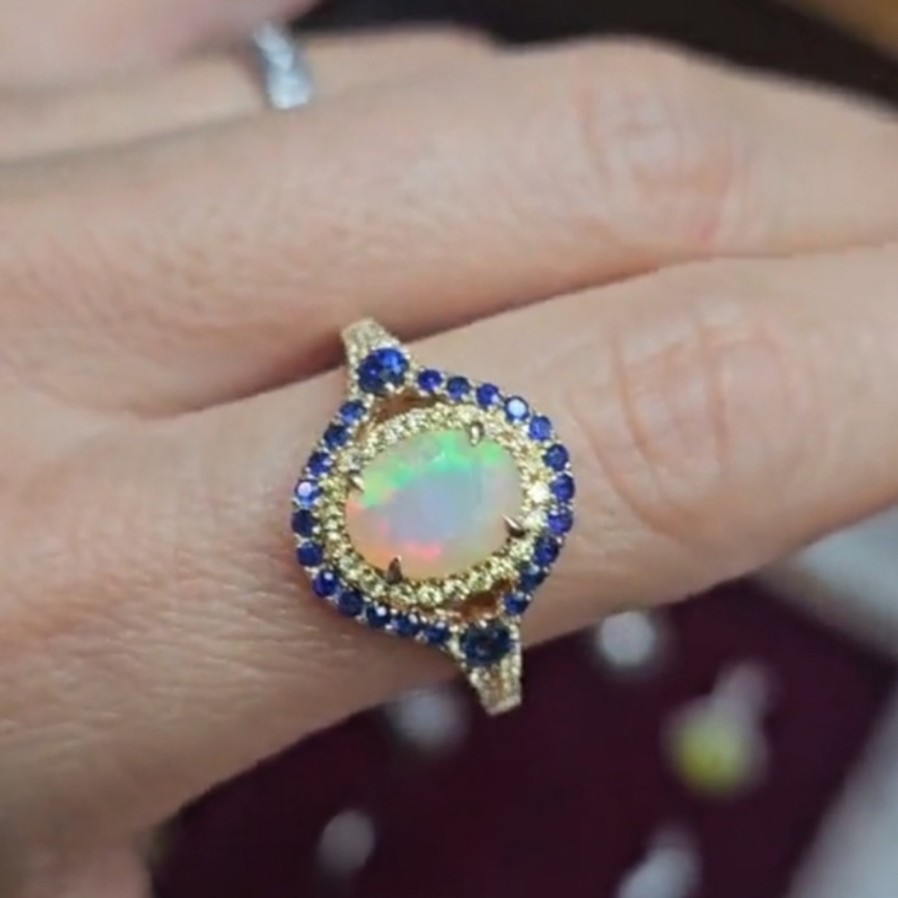 14k Gold Opal, Diamond & Sapphire Halo Ring, Size 10.5 Signed - Picture 1 of 6